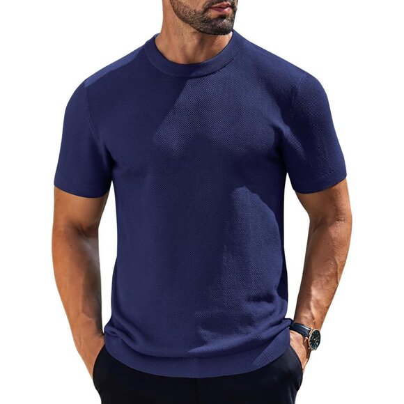"Men's Navy Short Sleeve Knit T-Shirt Casual Crew Neck Summer Top Fashion Size M - Picture 1 of 8